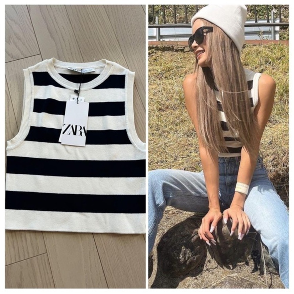 Zara Black and White Striped Sleeveless Top size L